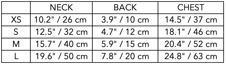 Size Guide for Black Neoprene Harness with Reflective Neon Stripe CHROMA
