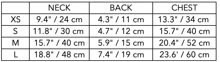 Size Guide for Sand Neoprene Harness with Reflective Stripe CLAREMONT