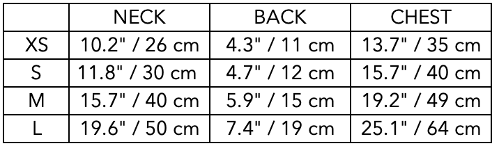 Size Guide for Orange Neoprene Harness with Reflective Stripe CLAREMONT