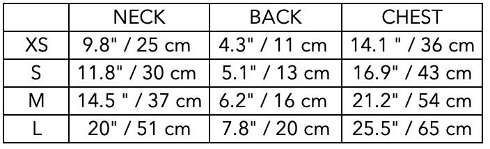 Size Guide for Black Neoprene Harness DRIFT