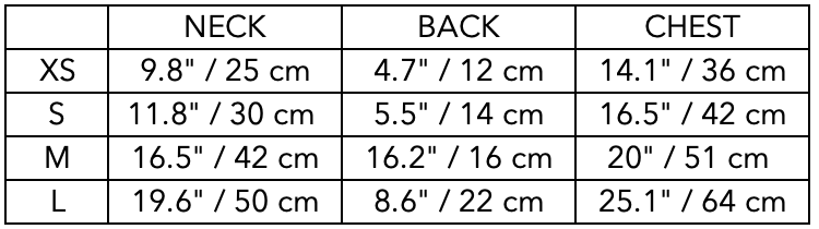 Size Guide for Black Neoprene Harness DRIFT
