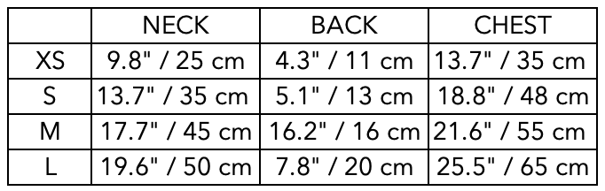 Size Guide for Standard Beige Quilted Turtleneck Harness GADE