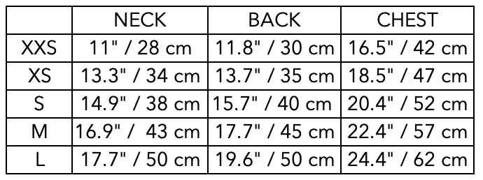 Size Guide for Dachshund Quilted Turtleneck Coat VELA