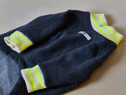 Heather Blue Fleece Sweater with Beige and Neon Green Neckline and Cuffs INDIGO