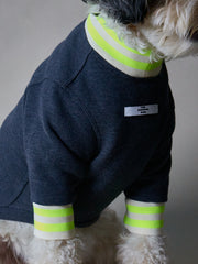 Heather Blue Fleece Sweater with Beige and Neon Green Neckline and Cuffs INDIGO