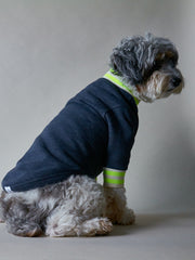Heather Blue Fleece Sweater with Beige and Neon Green Neckline and Cuffs INDIGO